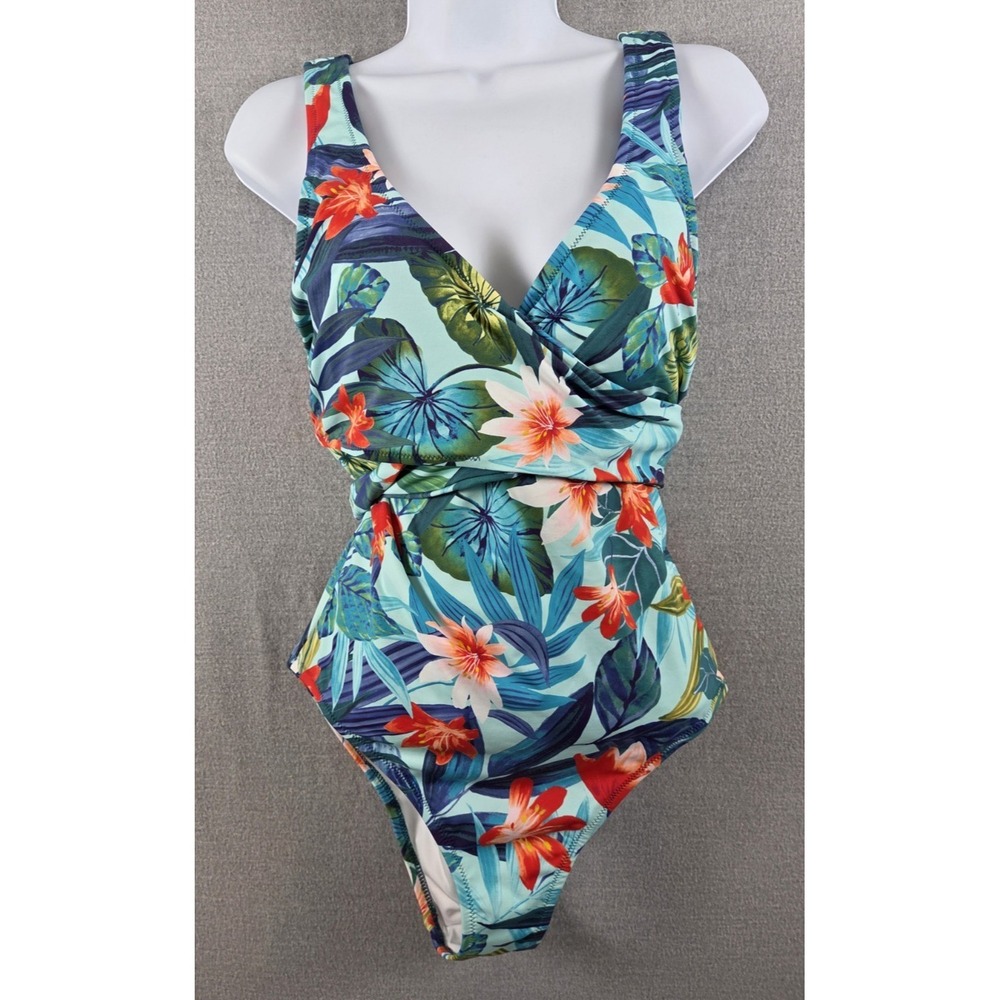 Lands End Swimsuit Bathing Suit 8 One Piece Blue Tropical Floral Tie Waist Beach